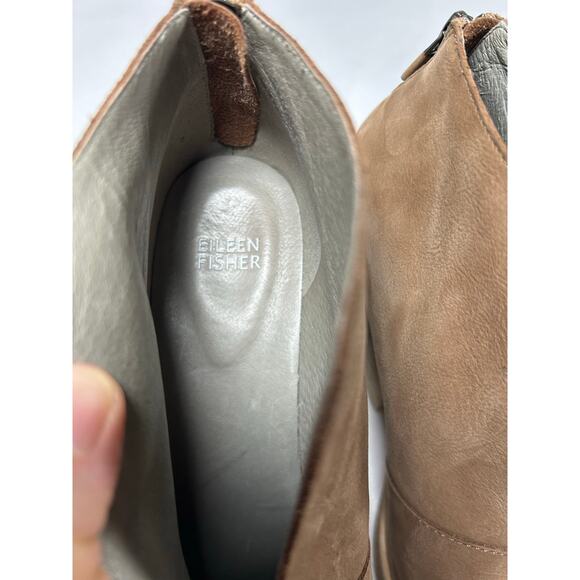 EILEEN FISHER NELSON Tan TUMBLED LEATHER SPLIT OPEN FRONT ANKLE BOOTIES Sz 9.5 - Picture 7 of 9